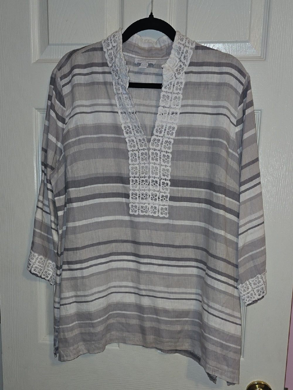 Charter Club Gray and White Striped Lace-Trim Tunic